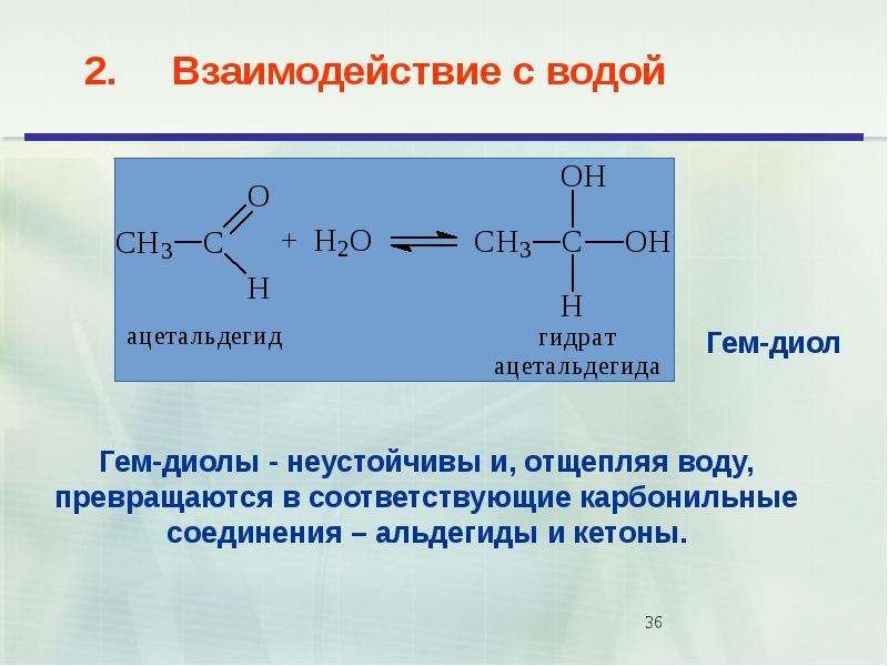 Гидролиз ацетальдегида. Нуклеофильные реакции карбонильных соединений. Гидрат ацетальдегида. Устойчивость карбонильных соединений. Гидратация ацетальдегида.