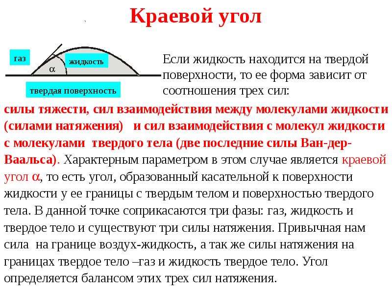 Идеальная и реальная жидкость. Краевой угол. Определение краевого угла. Краевой угол тупой. 33. Краевой угол..