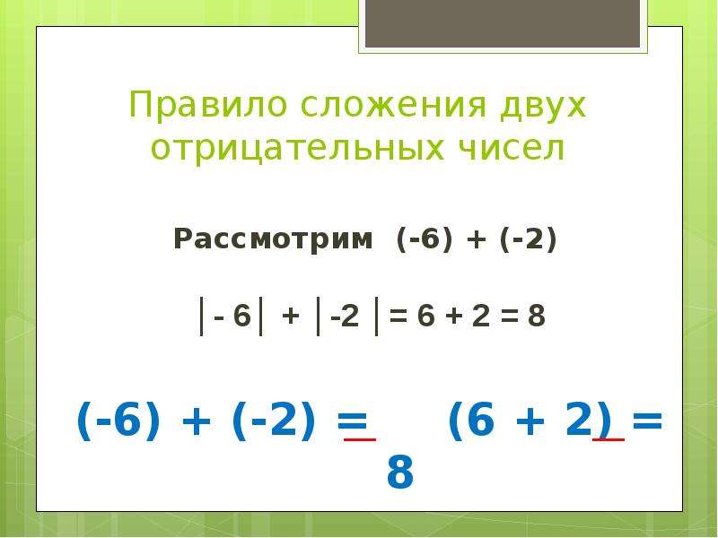 Правило сложения двух отрицательных чисел Рассмотрим (-6) + (-2) │- 6│ + │-2 │= 6 + 2 = 8 (-6) + (-2