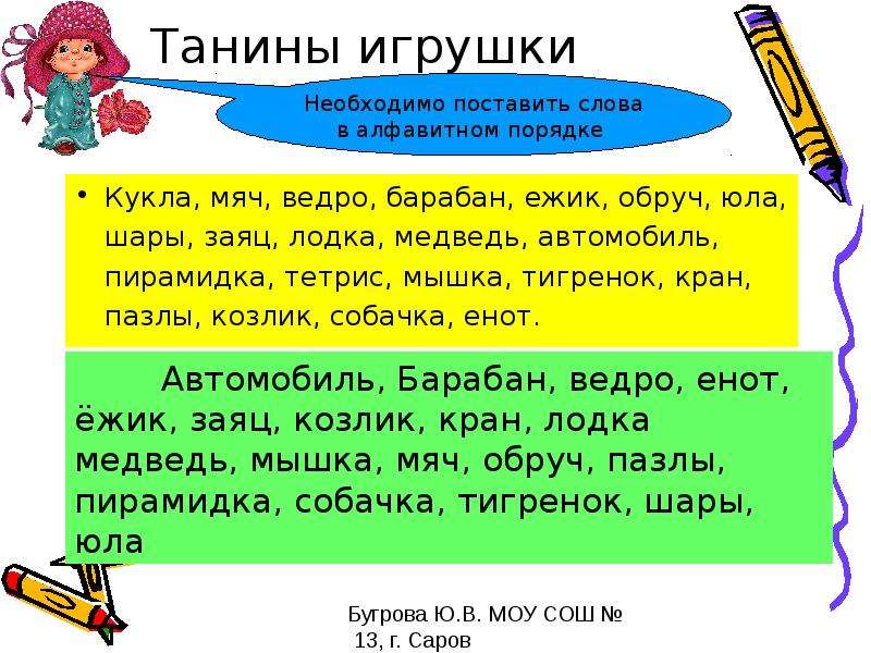 Текст 24. Поставить слова в алфавитном порядке. Юла алфавитном порядке. Слово из слова кукла. Подчеркнуть гласные буквы в словах кукла,мяч,ведро,барабан,Ежик.