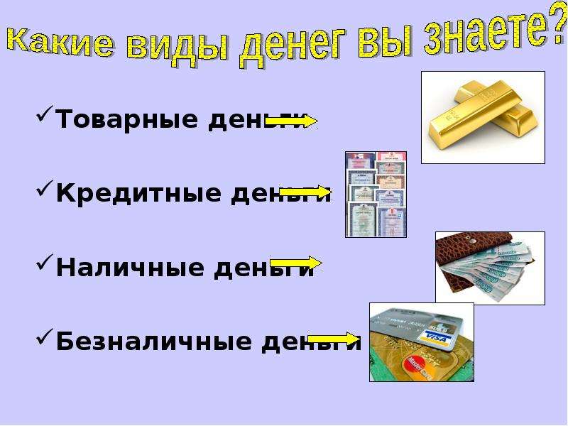 Какие виды денег вы знаете. Наличные и безналичные деньги. Виды безналичных денег. Наличные деньги виды. Товарные и кредитные деньги.