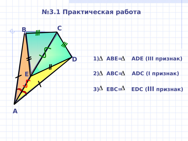     №3.1 Практическая работа           1)    ABE=     ADE (III признак)         2)    ABC=     ADC (I признак)         3)    EBC=     EDC (III признак)      A      D      C      Е      B    