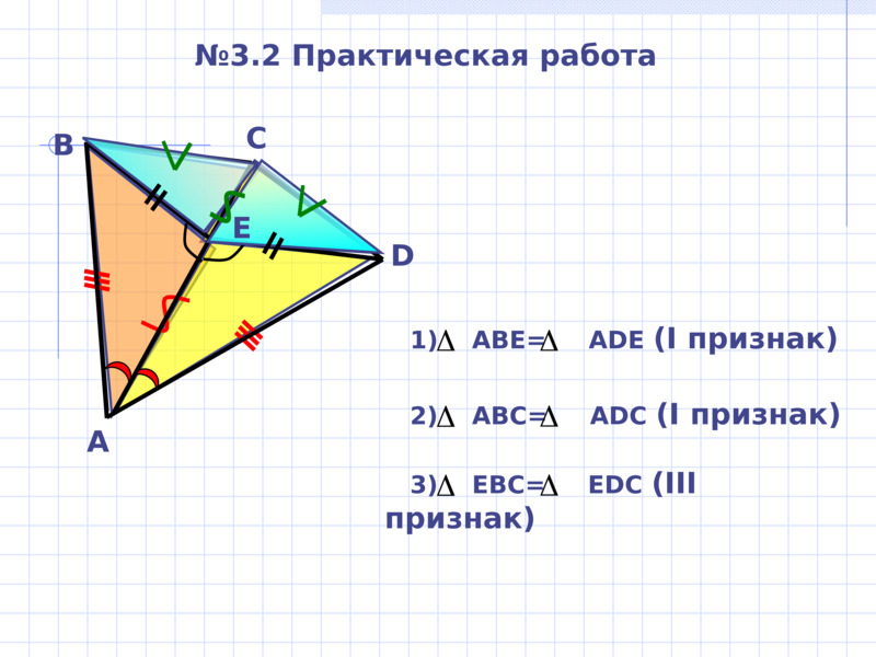     В      A      D      C      №3.2 Практическая работа           1)    ABE=     ADE (I признак)         2)    ABC=     ADC (I признак)         3)    EBC=     EDC (III признак)      Е    