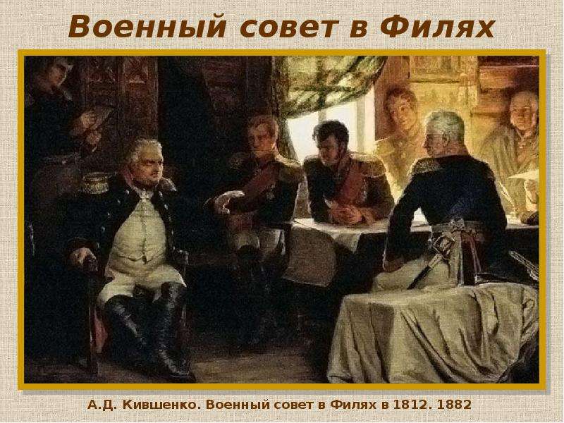 Совет в филях 1812. Военный совет в Филях. А. Д. Кившенко, 1812 г.. Кившенко военный совет в Филях. Алексей Кившенко военный совет в Филях в 1812 году 1882.