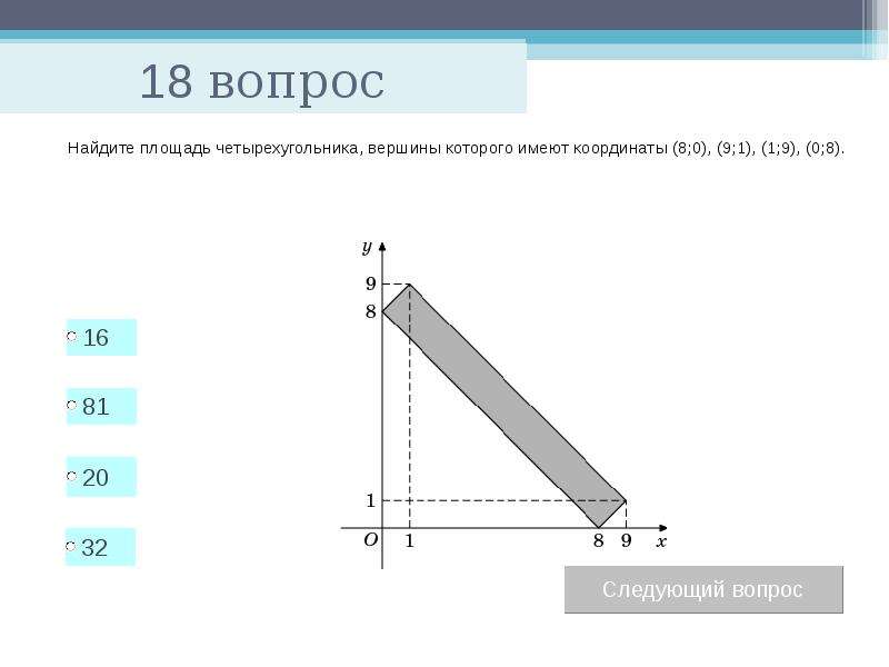 


18 вопрос
Найдите площадь четырехугольника, вершины которого имеют координаты (8;0), (9;1), (1;9), (0;8).
