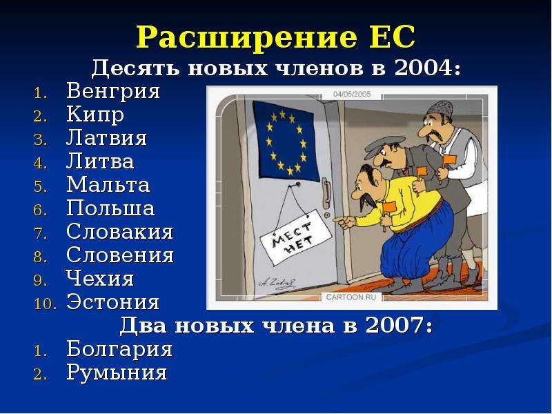 Расширение ЕС Десять новых членов в 2004: Венгрия Кипр Латвия Литва Мальта Польша Словакия Словения