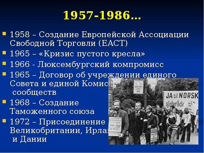 1957-1986… 1958 – Создание Европейской Ассоциации Свободной Торговли (ЕАСТ) 1965 – «Кризис пустого к