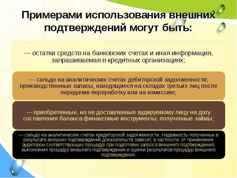 Внешнее подтверждение. Примерами применения внешних подтверждений могут быть:. Внешние подтверждения задолженности. Процедура внешнего подтверждения. Для внешнего использования.