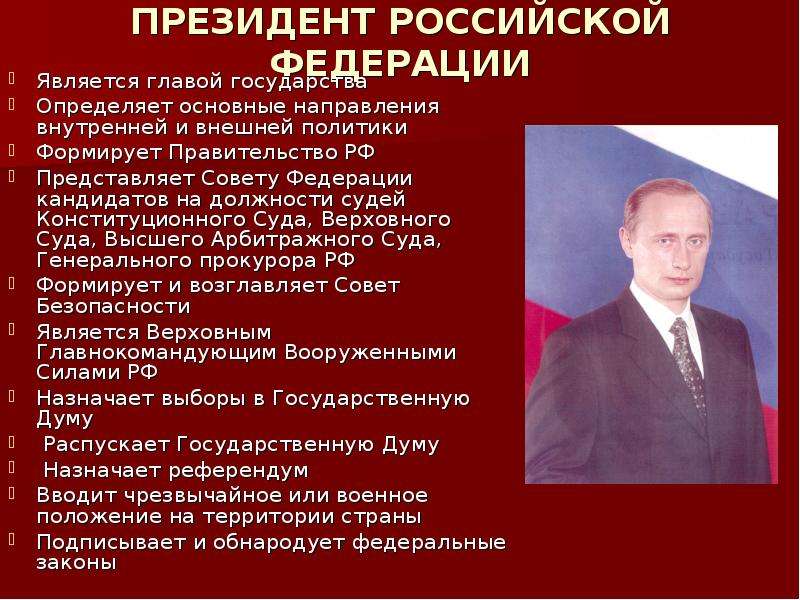Кто является президентом россии. Определяет основные направления внутренней и внешней политики.