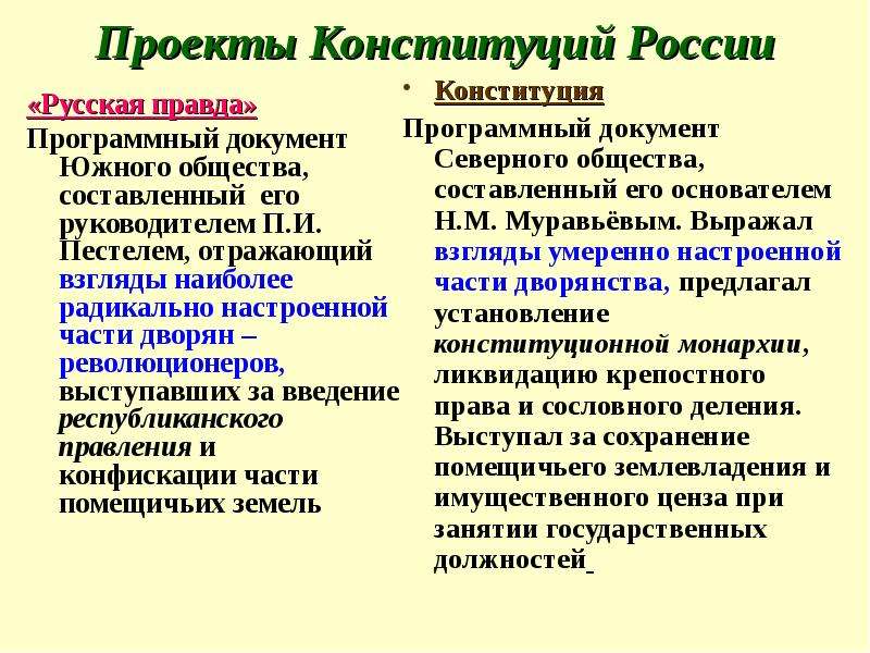 Общим в конституционных проектах пестеля и муравьева было это положение