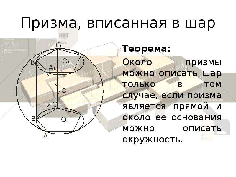 Призма, вписанная в шар Теорема: Около призмы можно описать шар только в том случае, если призма явл