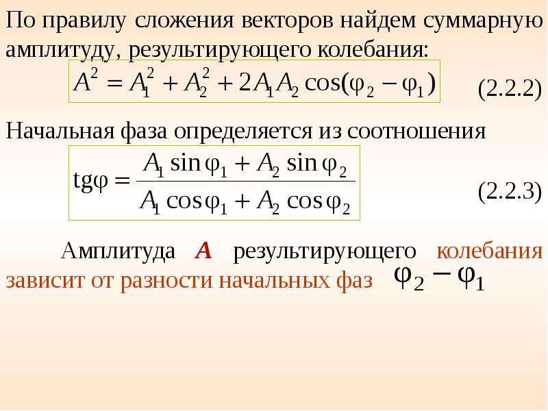 Коэффициент амплитуды. Амплитуда результирующего колебания. Уравнение результирующего колебания. Начальная фаза результирующего колебания. Амплитуда результирующего колебания при разности фаз.