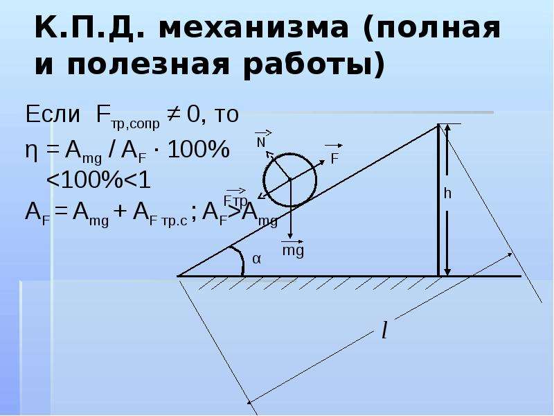 


К.П.Д. механизма (полная и полезная работы)
Если  Fтр,сопр ≠ 0, то 
η = Amg / AF · 100% <100%<1
AF = Amg + AF тр.с ; AF>Amg
