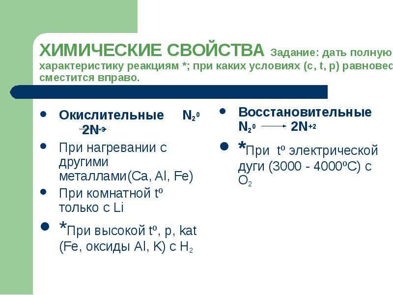 Дайте характеристику реакции. Дать полную характеристику реакции. Задачи на химические свойства. Характеристика неметалла азота. Химические свойства азота с неметаллами.