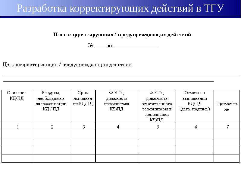 План корректирующих действий пример по результатам аудита