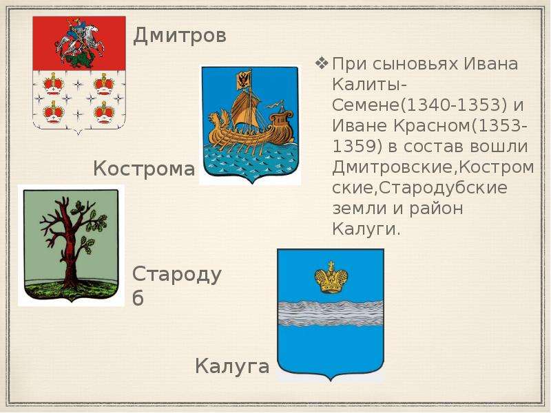 При сыновьях Ивана Калиты- Семене(1340-1353) и Иване Красном(1353-1359) в состав вошли Дмитровские,К