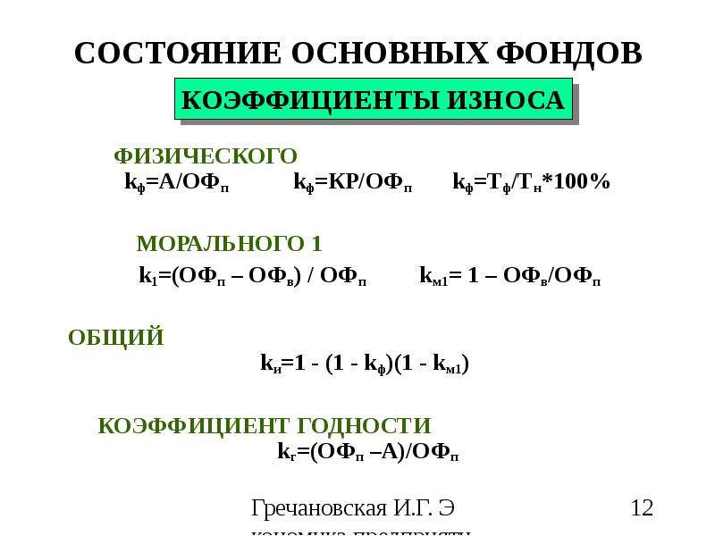 Состояния основных производственных фондов