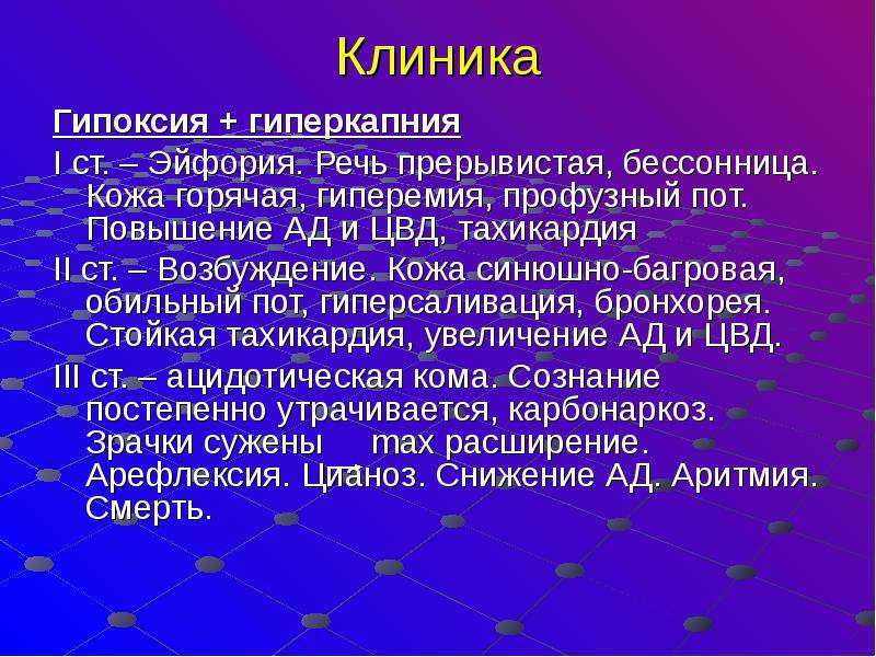 Гипоксия кома. Бронхорея. Гипоксия и гиперкапния. Профузный пот.