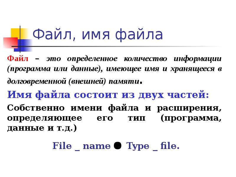 Имя файла 2. Имя файла. Собственное имя файла. Файл это имя программы или данных. Файл это определенное количество информации имеющее имя и хранящееся.