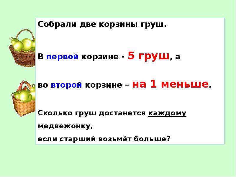 В одной корзине 6 кг. Первая корзина. Решение задачи груши в лукошко. Две корзины с грушами задача. Сколько груш в корзине 2 класс.