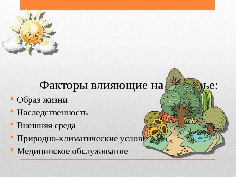 Факторы влияющие на здоровье образ жизни. Внешняя среда и природно-климатические условия влияние на здоровье. Природно-климатические факторы влияющие на здоровье. Факторы влияющие на здоровье кожи. Влияние природных условий на наследственность.