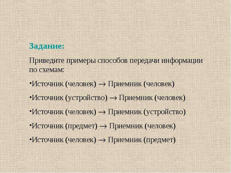 Приведите примеры способов передачи информации по схеме источник человек приемник устройство ответ