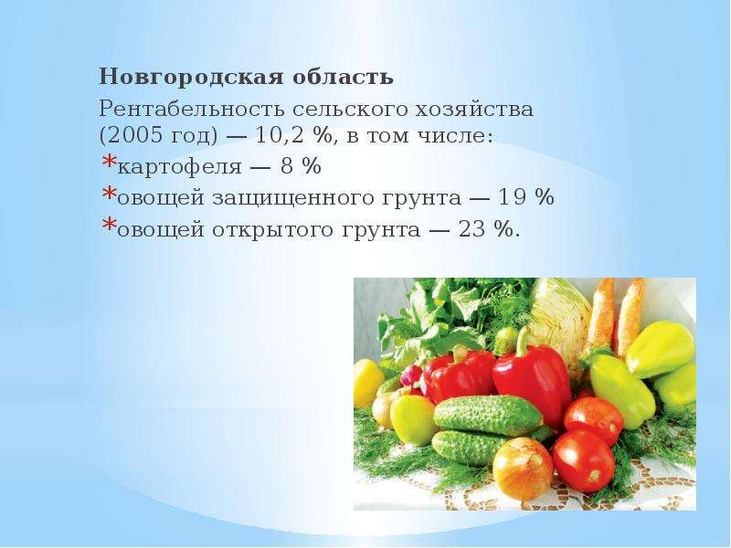 Новгородская область Новгородская область Рентабельность сельского хозяйства (2005 год) — 10,2 %, в