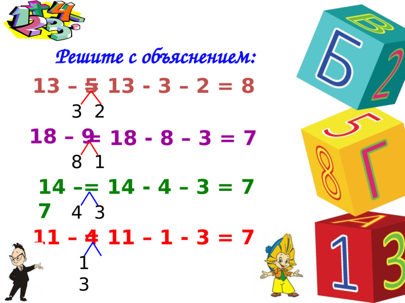 Решите с объяснением:  13 – 5   18 – 9   14 – 7   11 – 4   = 13 - 3 – 2 = 8  3  2  8  1  = 18 - 8 – 3 = 7   4  3  = 14 - 4 – 3 = 7  1  3  = 11 – 1 - 3 = 7  