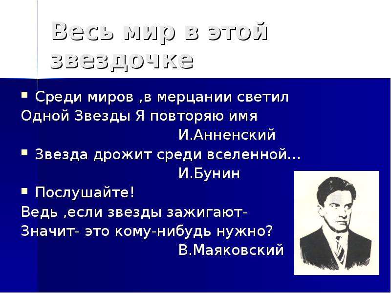 В мерцании светил одной звезды. Мотив звезды в русской поэзии. Звезда дрожит среди Вселенной Бунин. Среди миров в мерцании светил Автор. Среди мерцании звёзд одной звезды я повторяю имя Анненский.