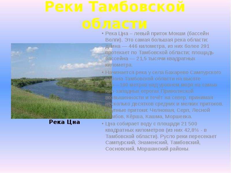 Реки Тамбовской области Река Цна – левый приток Мокши (бассейн Волги). Это самая большая река област