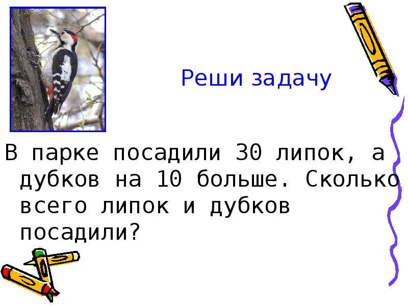 Сколько больше 10. В парке посадили 30 Липок а Дубков. В парке посадили 30 Липок а Дубков на 10 больше сколько. Решение задач упек. В парке 30 лип а Дубов на 10 больше.