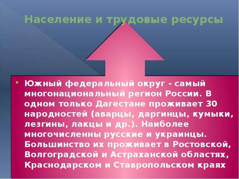 Население и трудовые ресурсы Южный федеральный округ - самый многонациональный регион России. В одно