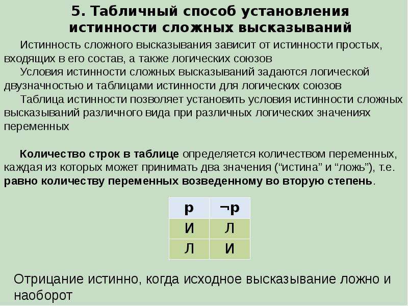 Назовите типы высказываний. Структура высказывания. Отрицание сложных высказываний. Структура простого высказывания. Правила построения отрицание сложного высказывания.