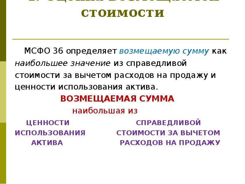 Мсфо 36. Возмещаемая сумма. Возмещаемая стоимость актива это. Возмещаемая сумма актива равна. Ценность использования актива это.