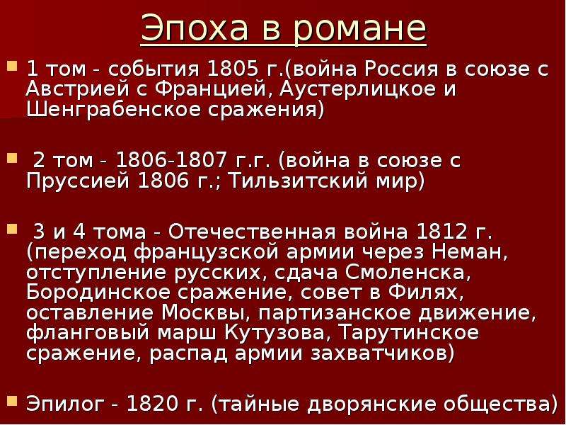 План событий 1 тома война и мир