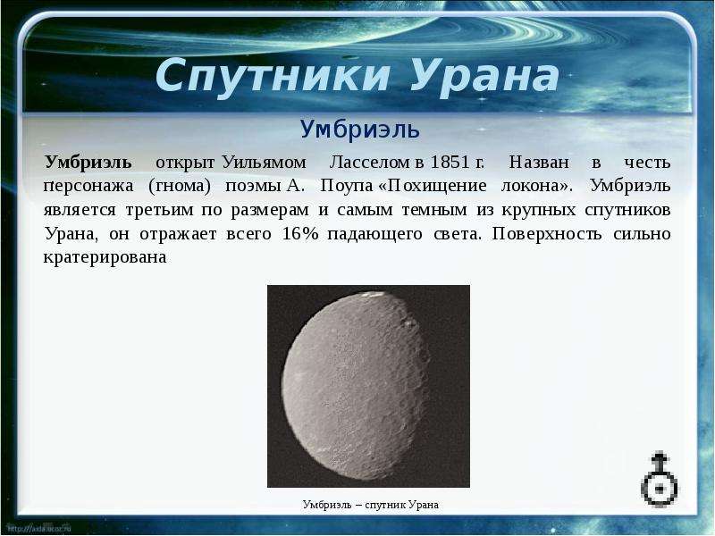 Крупнейший спутник урана. Титания Спутник урана. Уран Спутник Умбриэль факты. Умбриэль Спутник урана масса. Спутник урана спутники урана.