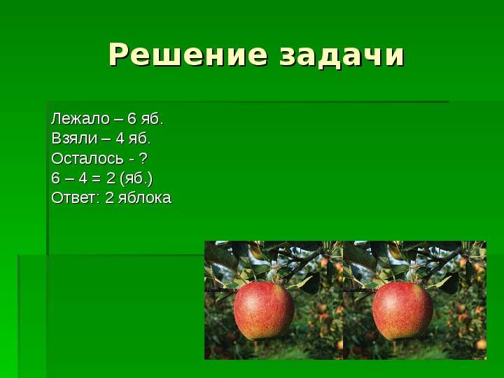 


Решение задачи
Лежало – 6 яб.
Взяли – 4 яб.
Осталось - ?
6 – 4 = 2 (яб.)
Ответ: 2 яблока
