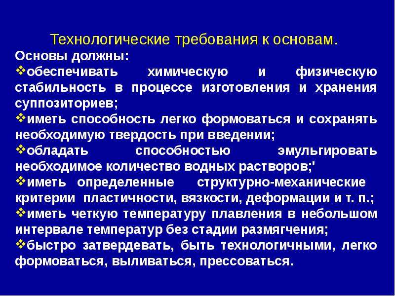 Требования предъявляемые к технологическому процессу. Технологические требования к основам. Основы для суппозиториев. Требования к суппозиторным основам. Основы для суппозиториев классификация.