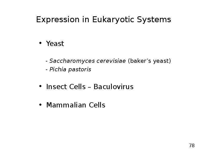 


Expression in Eukaryotic Systems
Yeast
    - Saccharomyces cerevisiae (baker’s yeast)
    - Pichia pastoris
Insect Cells – Baculovirus 
Mammalian Cells
