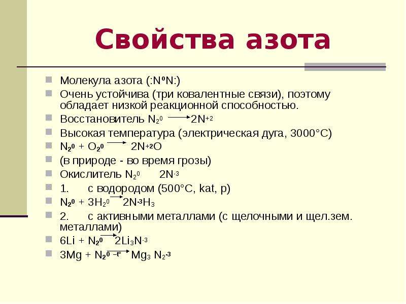 Азот план характеристики элемента