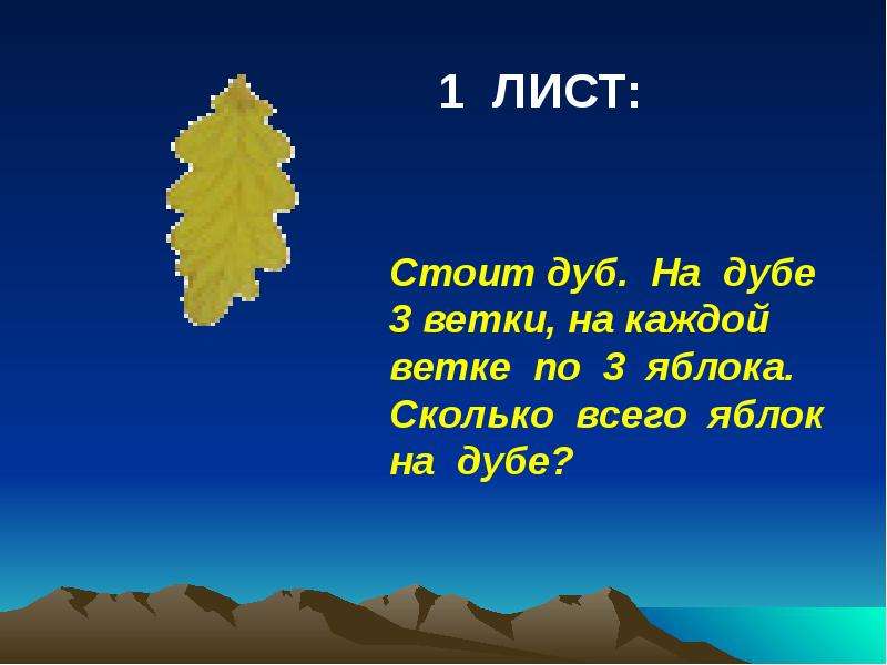 Стой лист. На дубе 6 веток на каждой ветке по 6 яблок сколько всего яблок на дубе. Дубах окончание.