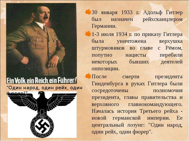 Фашистские законы. Назначение Адольфа Гитлера рейхсканцлером Германии.