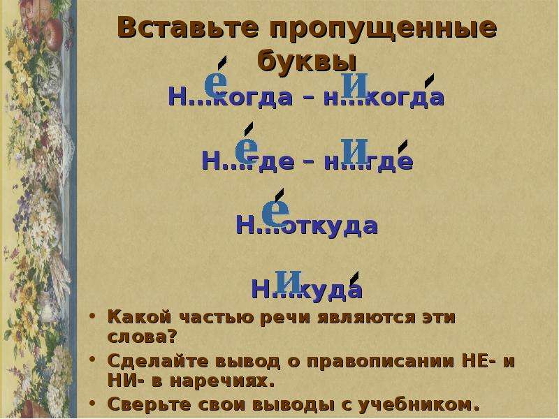 Приставки пропущенные буквы. Е И И В отрицательных наречиях. Е И И В приставках не и ни отрицательных наречий. Отрицательные наречия 7 класс. Буквы е, и в приставках не- и ни- отрицательных наречий урок.