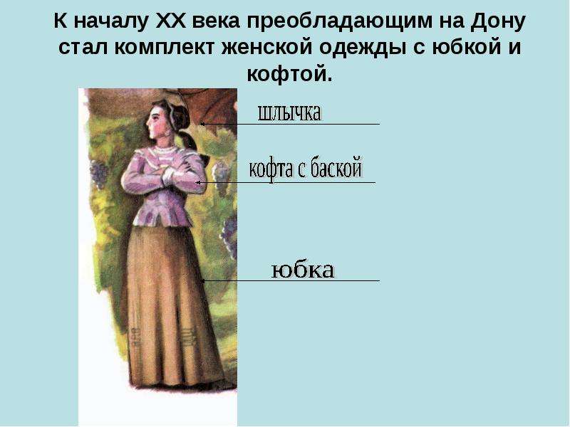 К началу XX века преобладающим на Дону стал комплект женской одежды с юбкой и кофтой.