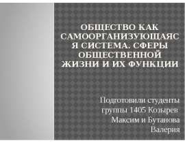 Общество как самоорганизующаяся система. Сферы общественной жизни и их функции Подготовили студенты группы 1405 Козырев Максим и Б