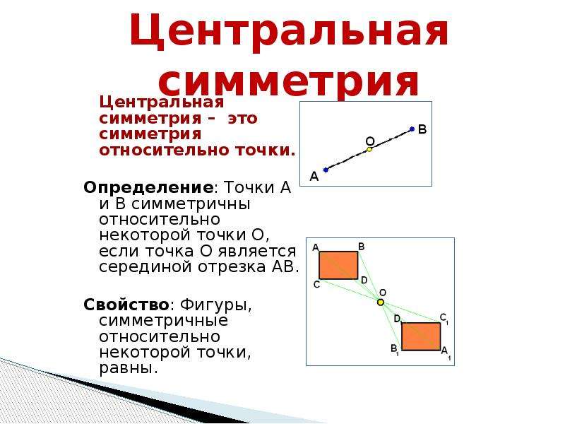 4 центр симметрии. Определение осевой и центральной симметрии 8 класс. Центральная симметрия определение. Определение центральных симметричных точек. Свойства центральной симметрии.