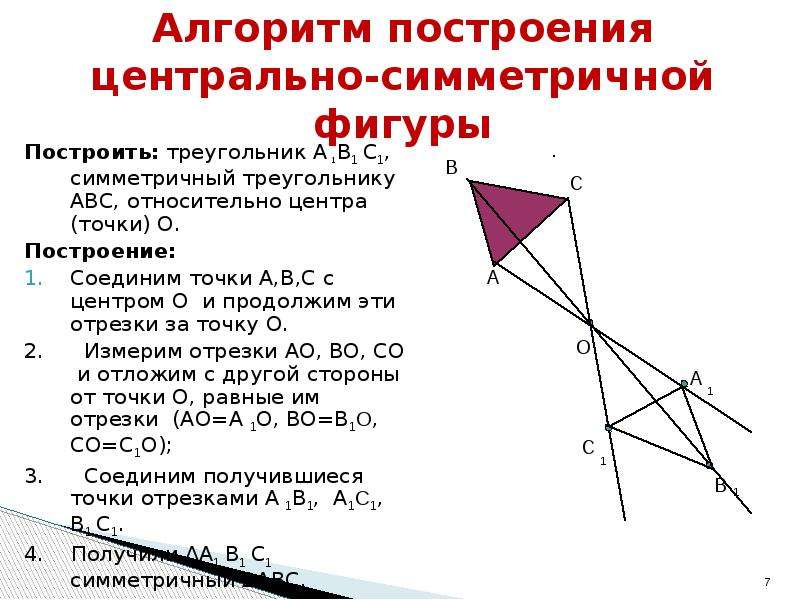 Построение симметрии. Построение симметричного треугольника относительно точки. Построение треугольника при центральной симметрии. Построение фигуры симметричной относительно точки центра симетрії. Построение фигур, симметричных относительно центра..