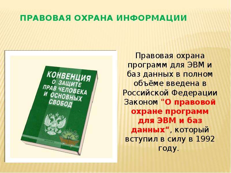 Понятие правовой охраны. Правовая охрана информации. Правовая охрана программ. ФЗ О правовой охране программ для ЭВМ И баз данных. Закон о правовой охране программ для ЭВМ.