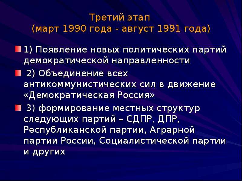 Этапы формирования многопартийности 1988 1991 заполните схему