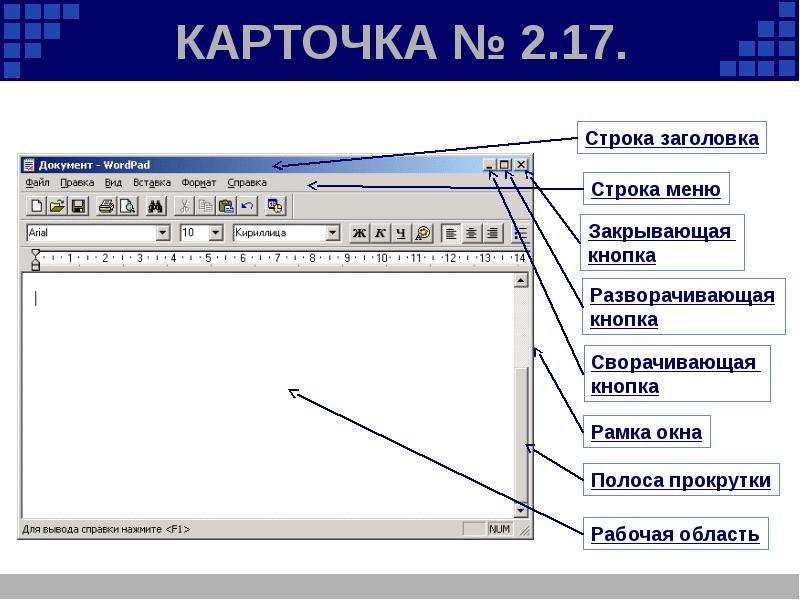 Строка окна. Рабочая область строка заголовка. Строка заголовка wordpad. Полосы прокрутки wordpad. Кнопка свернуть wordpad.